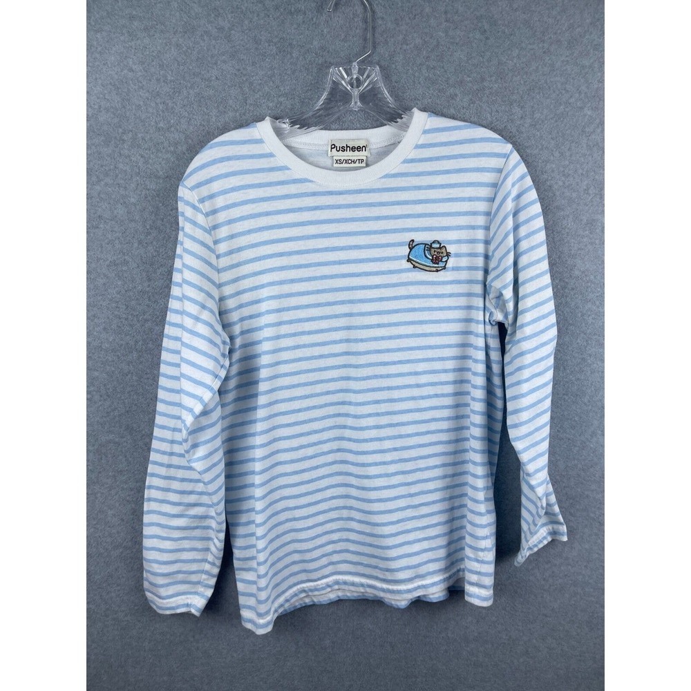 Pusheen Cat Shirt Women's XS Blueâ Striped Long Sleeve Tee Anime Embroidered